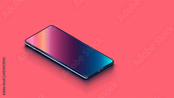 Fototapeta Phone on desk. Modern vector realistic phone on bright coral background in perspective view. Realistic vector illustration isometric phone. New shiny mobile cell smartphone with reflection on screen.