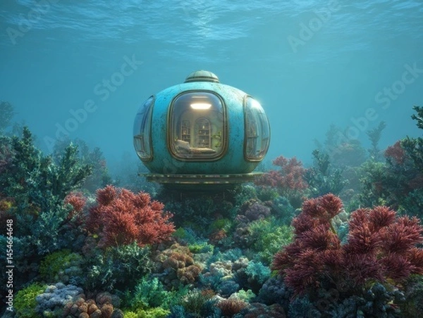 Fototapeta Underwater Residence: A serene, self-contained living space amidst a vibrant coral reef, offering a unique ocean experience.