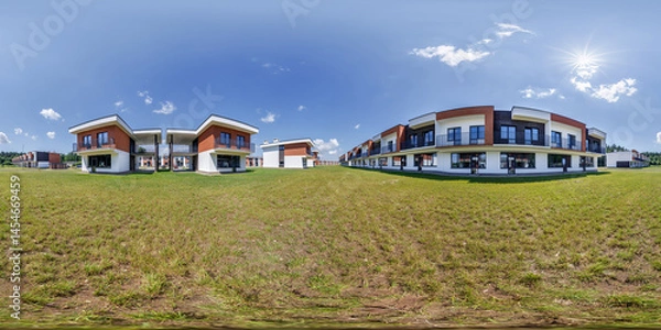 Fototapeta hdri 360 panorama in low-rise residential townhouse or public buildings complex with several multi-level apartments with isolated entrances in equirectangular spherical seamless projection