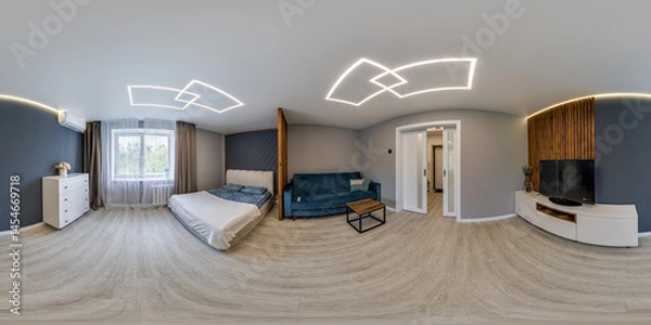 Fototapeta hdri 360 panorama view in bedroom loft room in luxury elite vip hotel in full in equirectangular spherical projection, skybox VR AR content