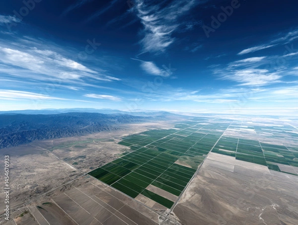 Obraz Wide aerial view of farmland with green fields and clear sky, showing vast agricultural landscape with mountains background