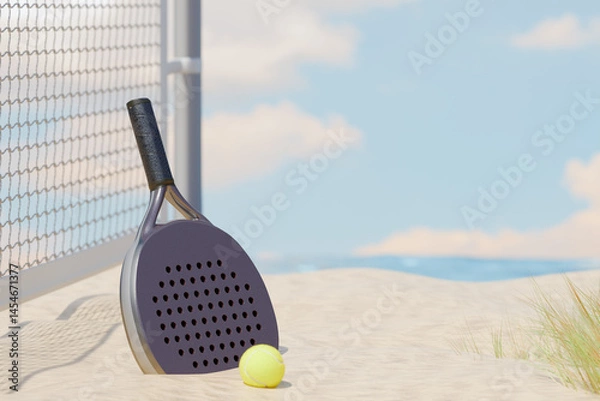 Fototapeta Beach padel tennis racket and ball by the shore. 3d rendering