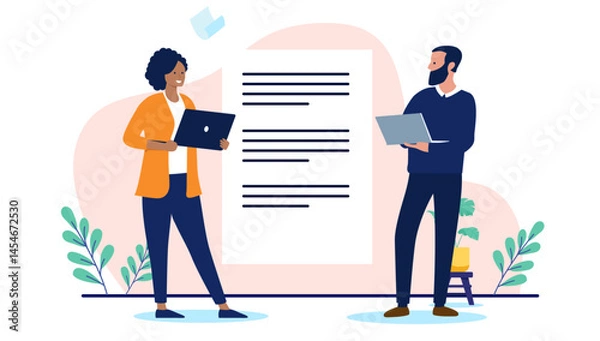 Obraz Business text writers - Two businesspeople in marketing working and writing and authoring text file document together. Flat design vector illustration on white background