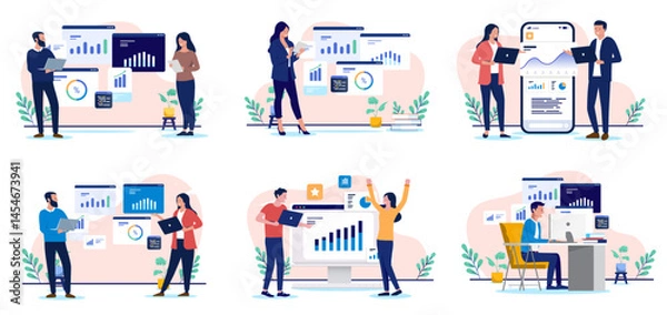 Obraz Business analytics and data collection - Set of vector illustration graphics with team of businesspeople analysing charts, insights, graphs and diagrams working with company growth in flat design