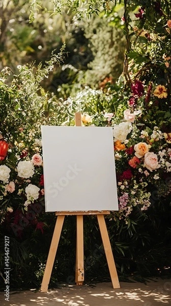 Obraz White canvas on an easel in a wedding setting surrounded by beautiful flowers and lush greenery