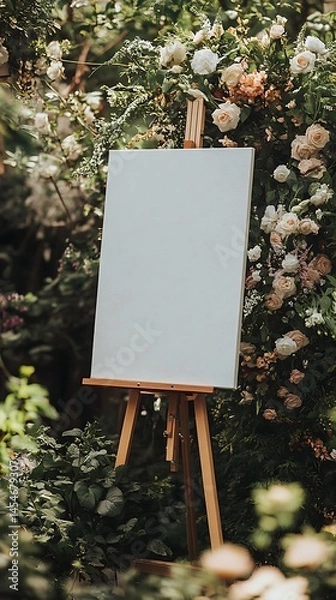 Obraz White canvas on an easel in a wedding setting surrounded by beautiful flowers and lush greenery