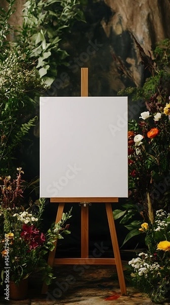 Obraz Blank white canvas placed on an easel at a wedding with plants and flowers surrounding the setting