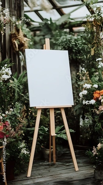 Obraz Blank white canvas placed on an easel at a wedding with plants and flowers surrounding the setting