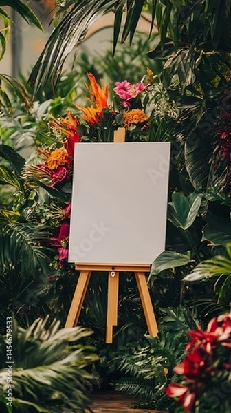 Obraz Wedding welcome sign with a blank white canvas on an easel surrounded by vibrant plants and flowers