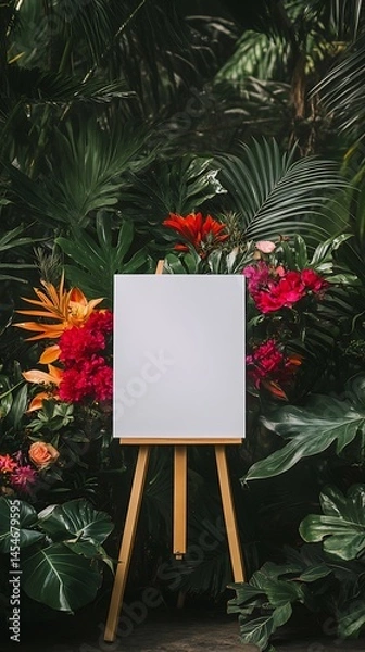 Obraz Wedding welcome sign with a blank white canvas on an easel surrounded by vibrant plants and flowers