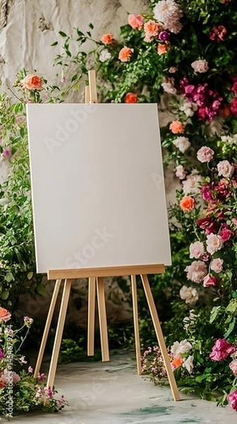 Obraz White easel with a blank canvas surrounded by blooming flowers and lush greenery in a wedding scene