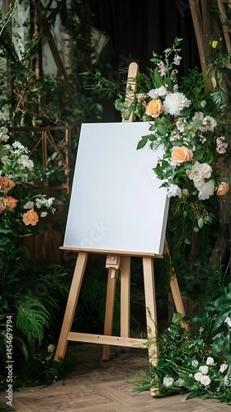 Obraz White easel with a blank canvas surrounded by blooming flowers and lush greenery in a wedding scene
