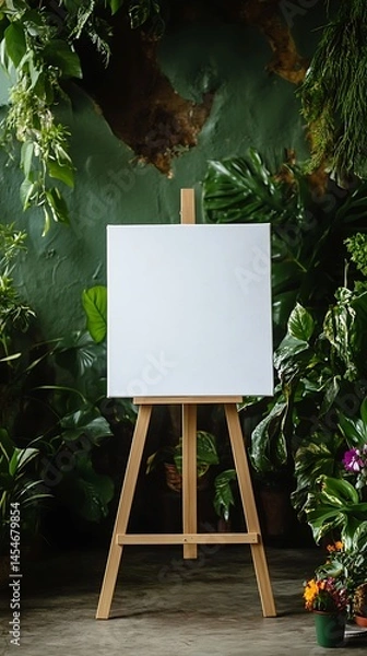 Obraz Simple white canvas on an easel with plants and flowers around it in a wedding setting