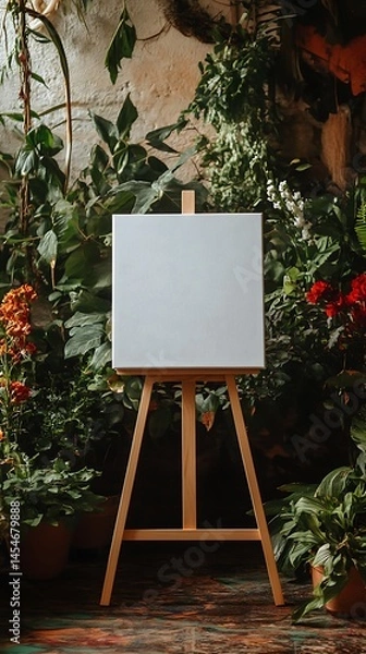 Obraz Simple white canvas on an easel with plants and flowers around it in a wedding setting
