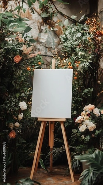 Obraz Blank white canvas on an easel as a wedding welcome sign surrounded by abundant flowers and plants