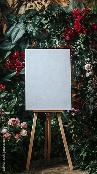 Obraz Blank white canvas on an easel as a wedding welcome sign surrounded by abundant flowers and plants