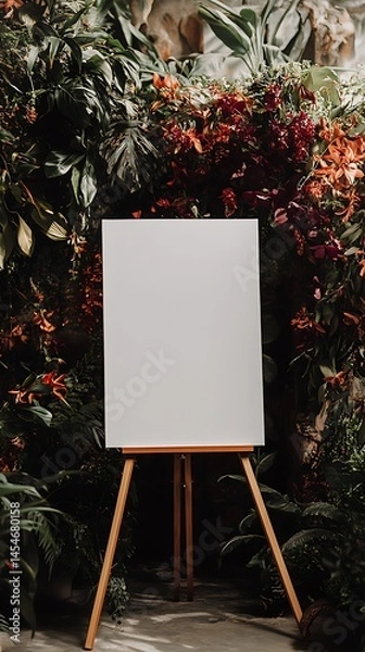 Obraz Blank white canvas on an easel as a wedding welcome sign surrounded by abundant flowers and plants