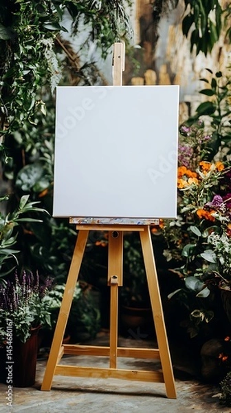Obraz White canvas on an easel at a wedding surrounded by vibrant plants and flowers in the background