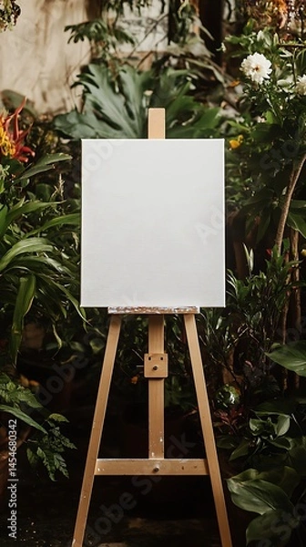 Obraz White canvas on an easel at a wedding surrounded by vibrant plants and flowers in the background