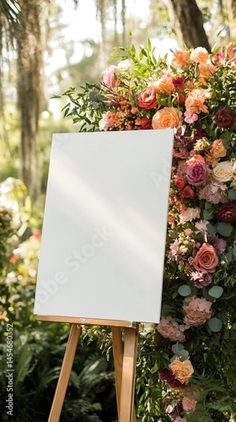 Obraz Blank canvas on an easel surrounded by colorful flowers and lush greenery at a wedding
