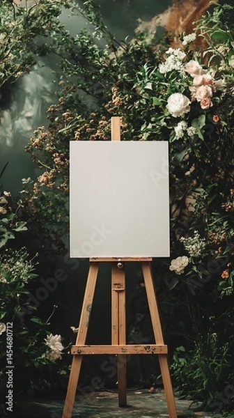 Obraz White easel with blank canvas in a wedding surrounded by lush greenery and blooming flowers
