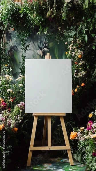 Obraz White easel with blank canvas in a wedding surrounded by lush greenery and blooming flowers