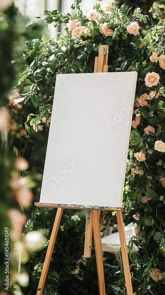 Obraz Blank white canvas on an easel surrounded by greenery and flowers at a wedding ceremony
