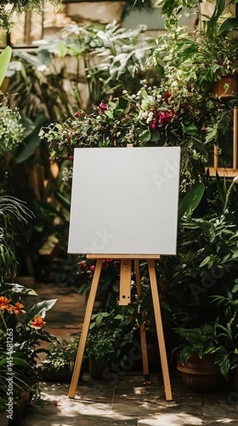 Obraz White canvas on an easel surrounded by abundant plants and flowers as a wedding welcome sign