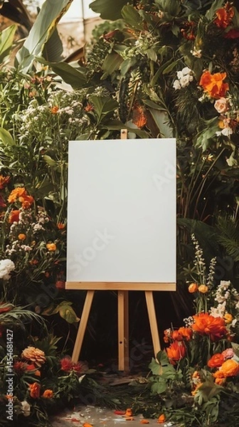 Obraz Blank white canvas placed on an easel surrounded by flowers and plants in a wedding setting