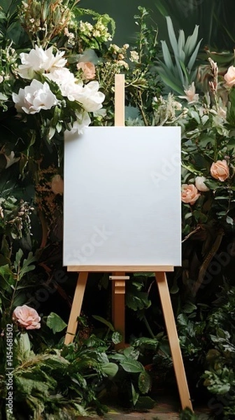 Obraz Blank white canvas placed on an easel surrounded by flowers and plants in a wedding setting
