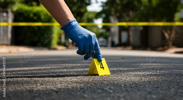Obraz Gloved Hand Places Yellow Evidence Marker on a City Street Crime Scene