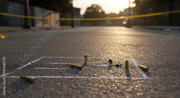 Fototapeta Crime Scene Wide Angle Shot Featuring Chalk Outline and Shell Casings on Asphalt Road at Sunset