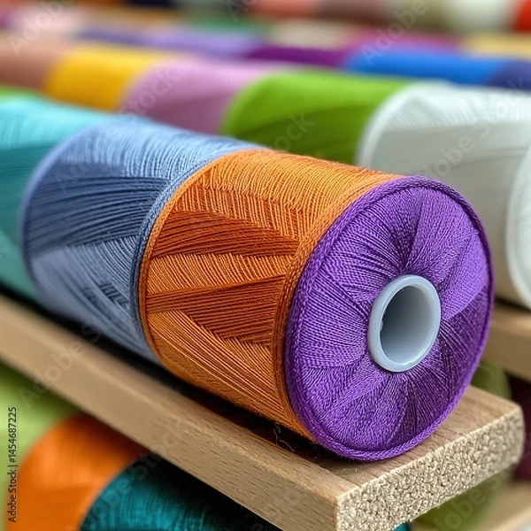 Obraz Colorful Thread Spools on Wooden Rack Close Up