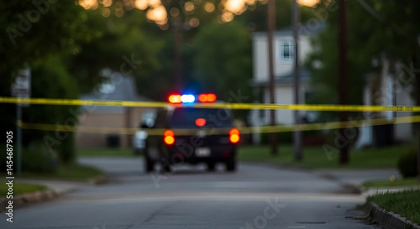 Fototapeta Suburban Crime Scene at Twilight with Yellow Caution Tape and Police Vehicle in Soft Focus