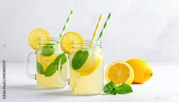 Fototapeta Refreshing lemonade served in mason jars with lemon slices mint leaves and striped straws against a textured white background. Bright and inviting beverage setup.