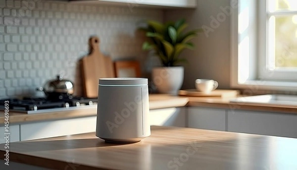 Fototapeta Smart Speaker on Modern Kitchen Counter with Minimalist Home Interior