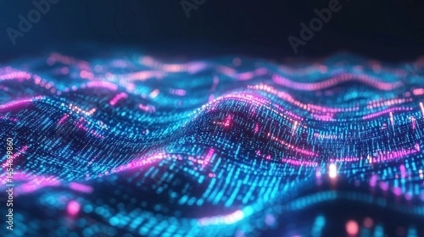 Fototapeta Glowing waves with blue and pink digital data points