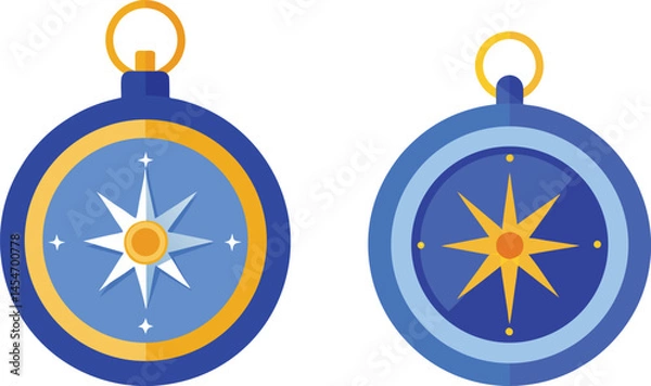 Fototapeta Two ornate compasses showing guiding stars navigation journey exploration, Outdoor activities accessories vector for summer travel, hiking, hunting, camping equipment design concept