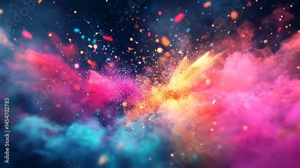 Fototapeta Colorful explosion of vibrant particles in dark space.