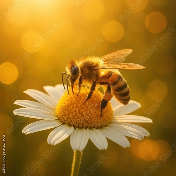 Fototapeta Bee on a flower with sunlight reflections