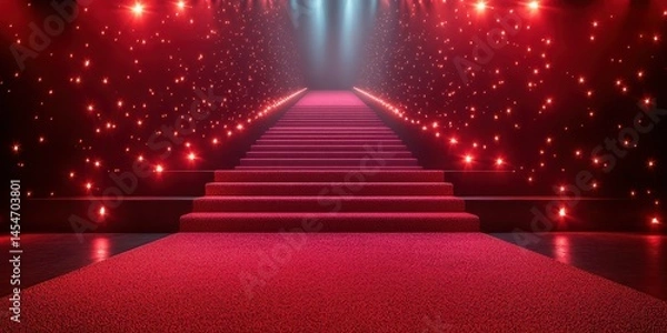 Fototapeta Elegant red carpet stairs adorned with bright lights create a glamorous atmosphere for events or performances at night