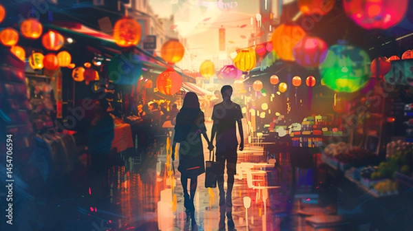 Fototapeta Couple Exploring a Vibrant City Market – Energetic, Colorful, and Culturally Rich Scene