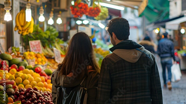 Fototapeta Couple Exploring a Vibrant City Market – Energetic, Colorful, and Culturally Rich Scene