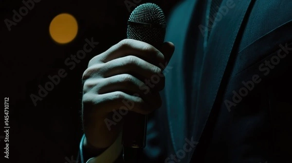 Fototapeta Man’s hand in a suit holding a microphone at a professional even.
