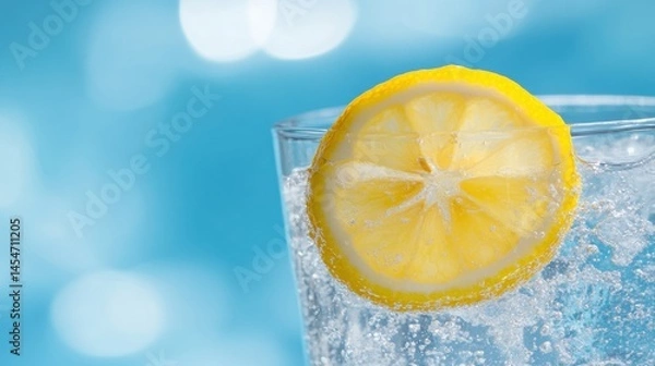 Obraz Refreshing lemonade drink with citrus slice bright blue background high-quality beverage photography