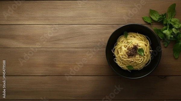 Obraz Delicious pasta dish with fresh basil rustic kitchen setting culinary photography warm lighting