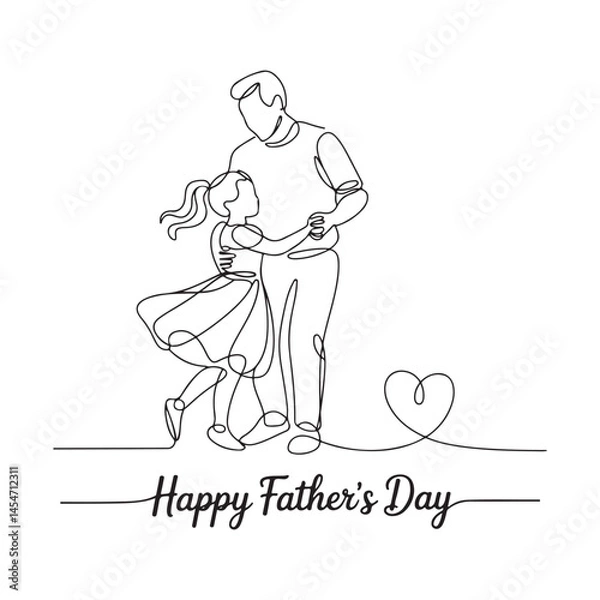 Obraz One line drawing of father dancing with daughter with heart and happy father’s day text on white background.