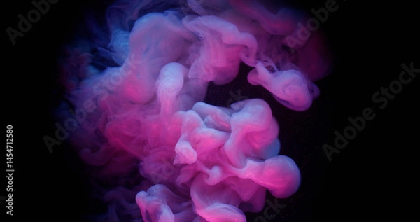 Fototapeta Neon smoke. Fog ink swirl. Bright color spray flow mix pigment. Blur purple pink fluorescent glow splash abstract background black frame.