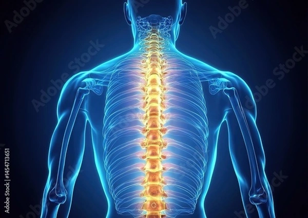 Fototapeta Digital rendering of human back highlighting golden spine and blue skeleton.