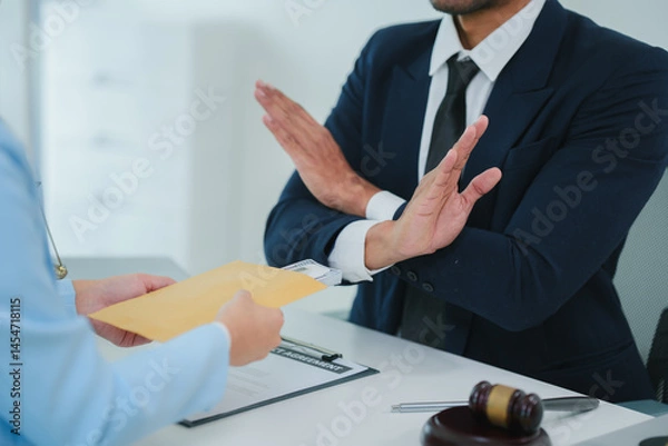 Obraz Lawyer showing stop hand gesture, refusing to accept bribe or illegal money inside courtroom with gavel and themis statue